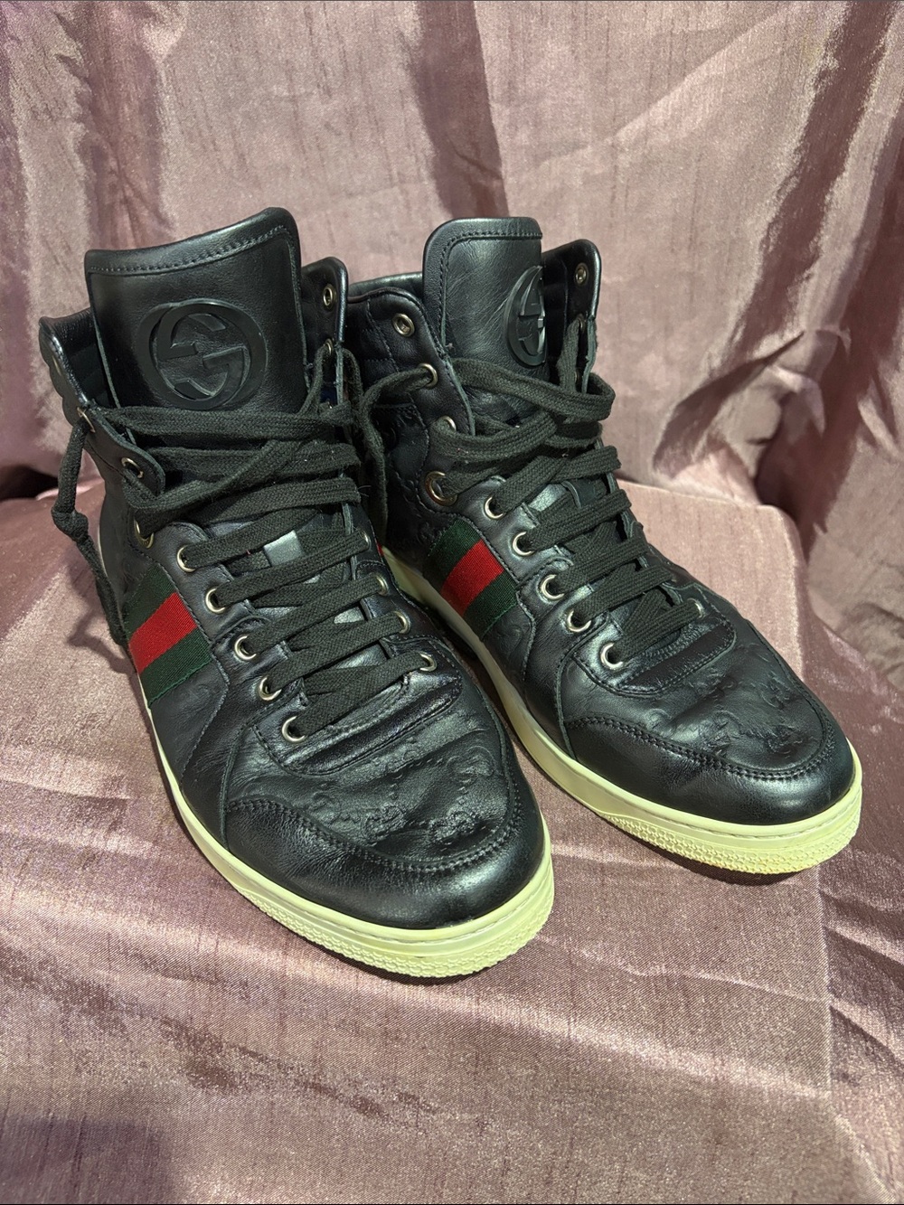 Gucci Black High-Top Sneakers with Red and Green Webbing